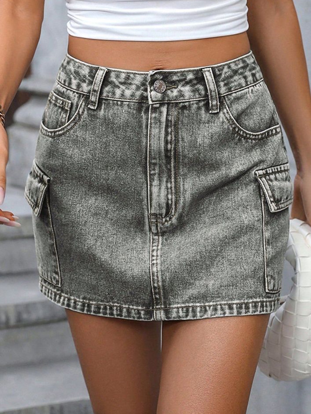 

LULU & SKY Women Washed A-Line Mini Denim Skirts, Grey