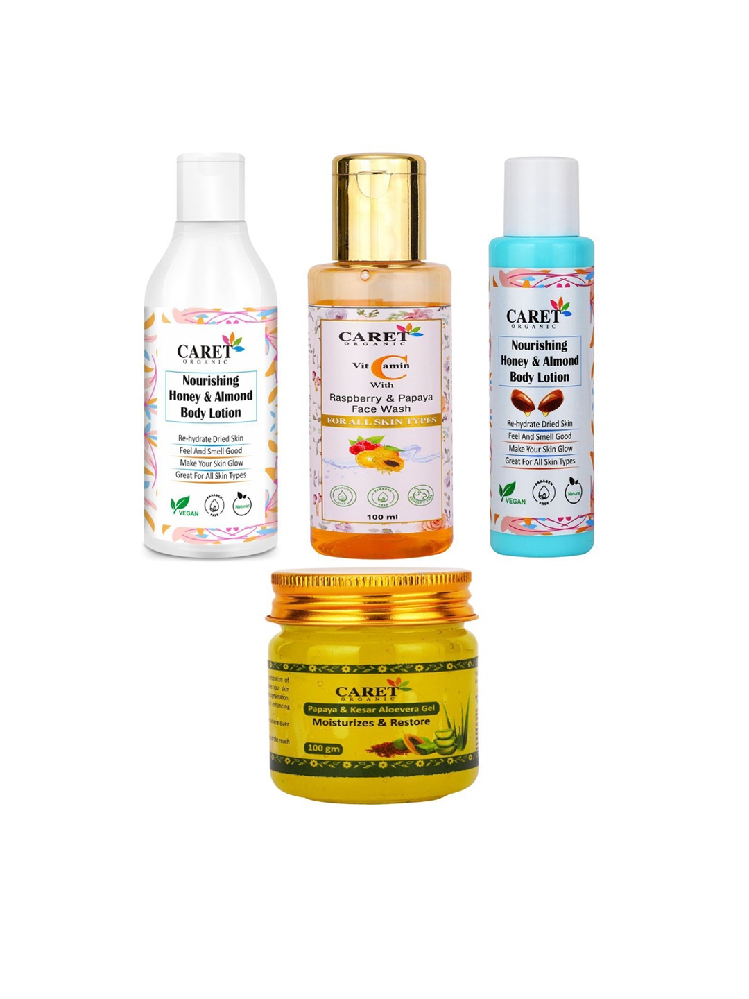 

CARET ORGANIC Set of 4 Body Lotion, Vitamin C Face Wash, Papaya Gel & Honey Lotion, White