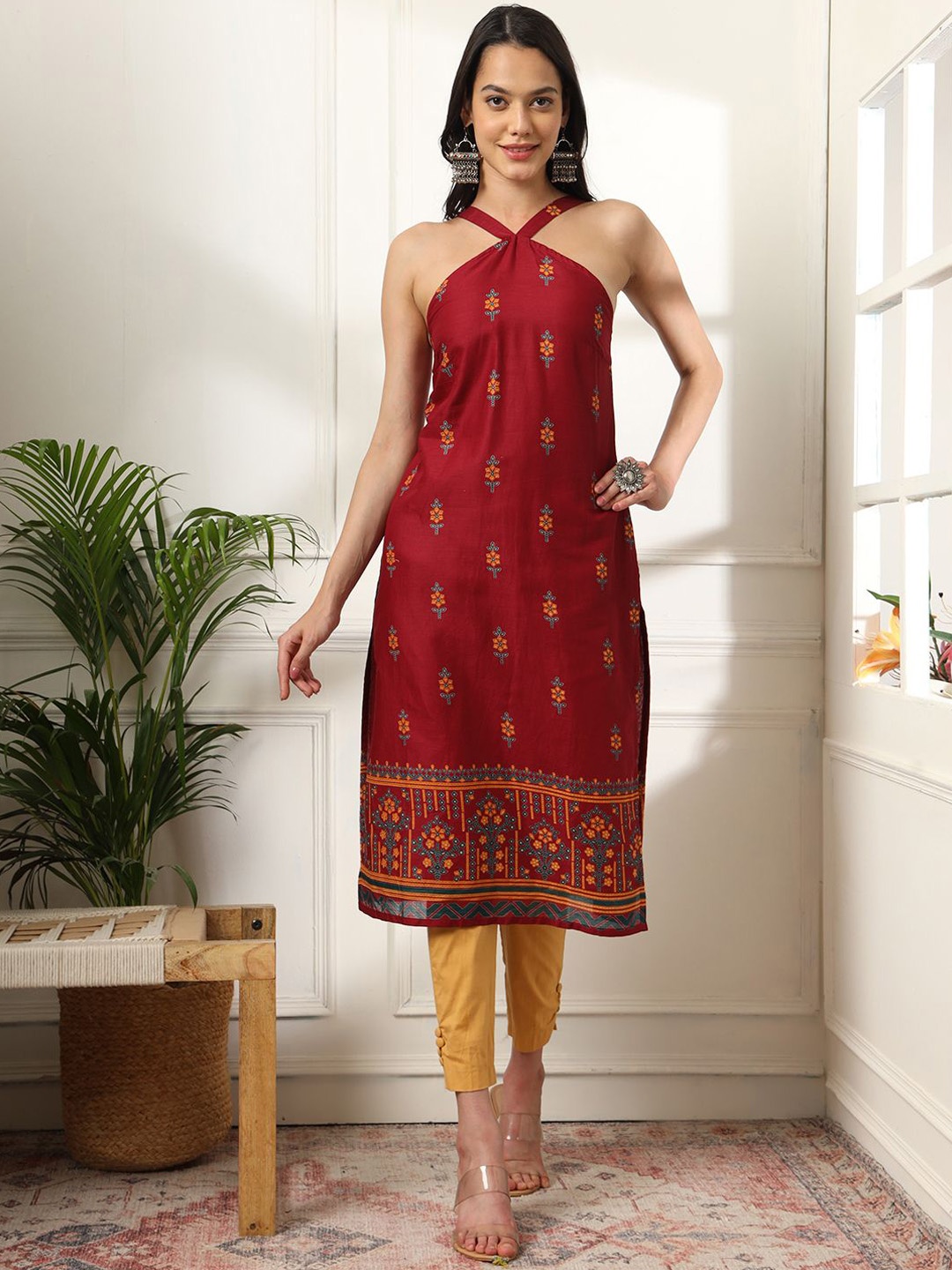 

Anouk Maroon & Yellow Floral Printed Pure Cotton Straight Kurta