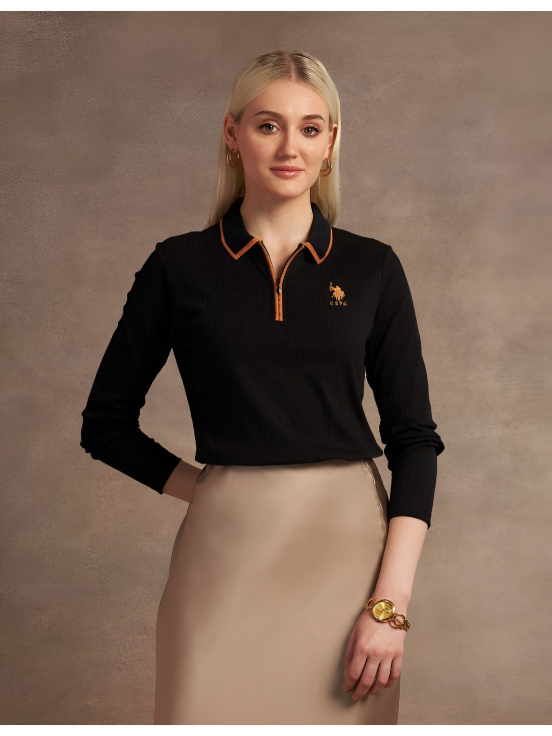 

U.S. Polo Assn. Women Women Polo Collar Applique T-shirt, Black