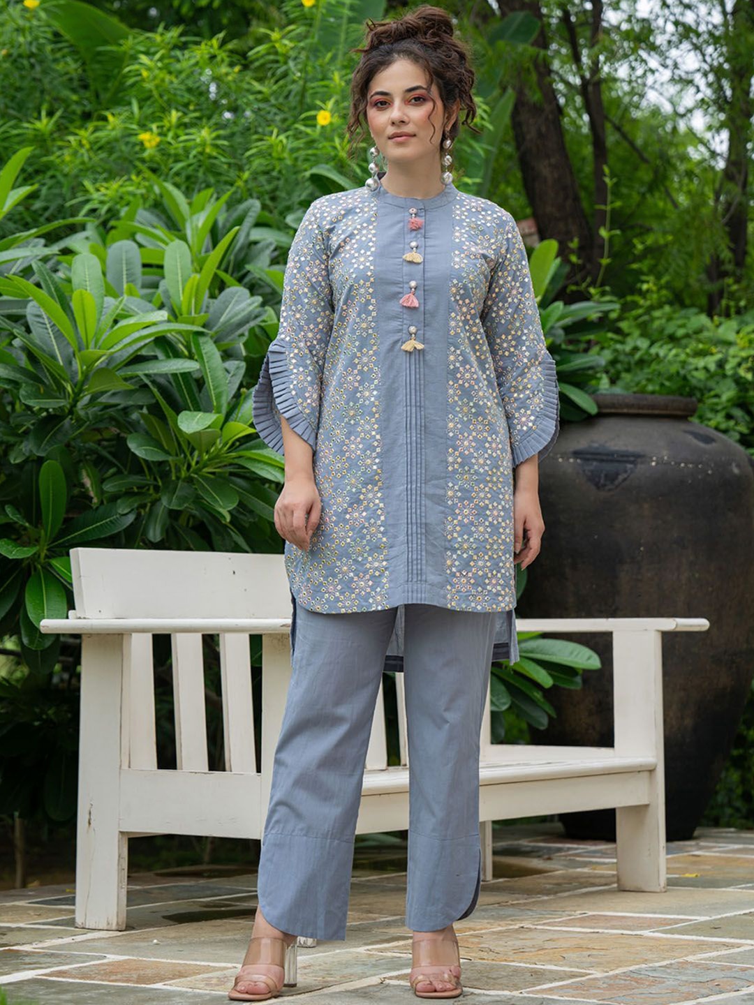 

FASHION DWAR Floral Embroidered Mandarin Collar Pure Cotton Top With Trouser, Blue