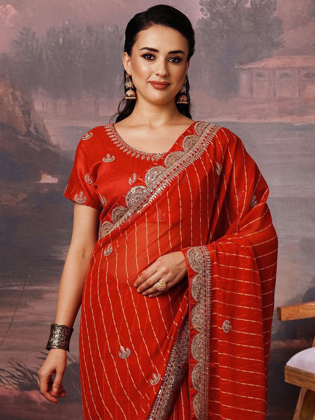 

House of Pataudi Striped Sequinced Geaorgette Party wear saree, Red