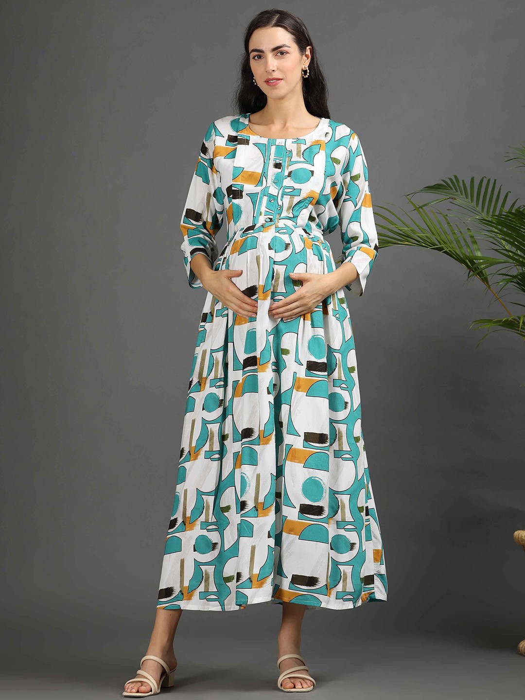 

GOLDSTROMS Women Geometric Printed Fit and Flare Midi Dress, Sea green