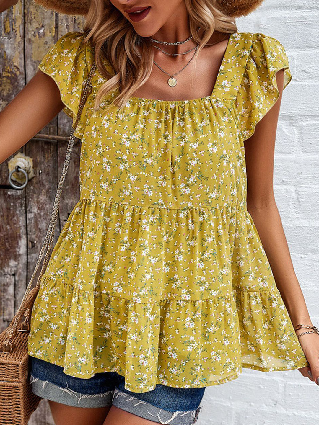 

StyleCast Women Floral Printed Flutter Sleeves Top, Yellow
