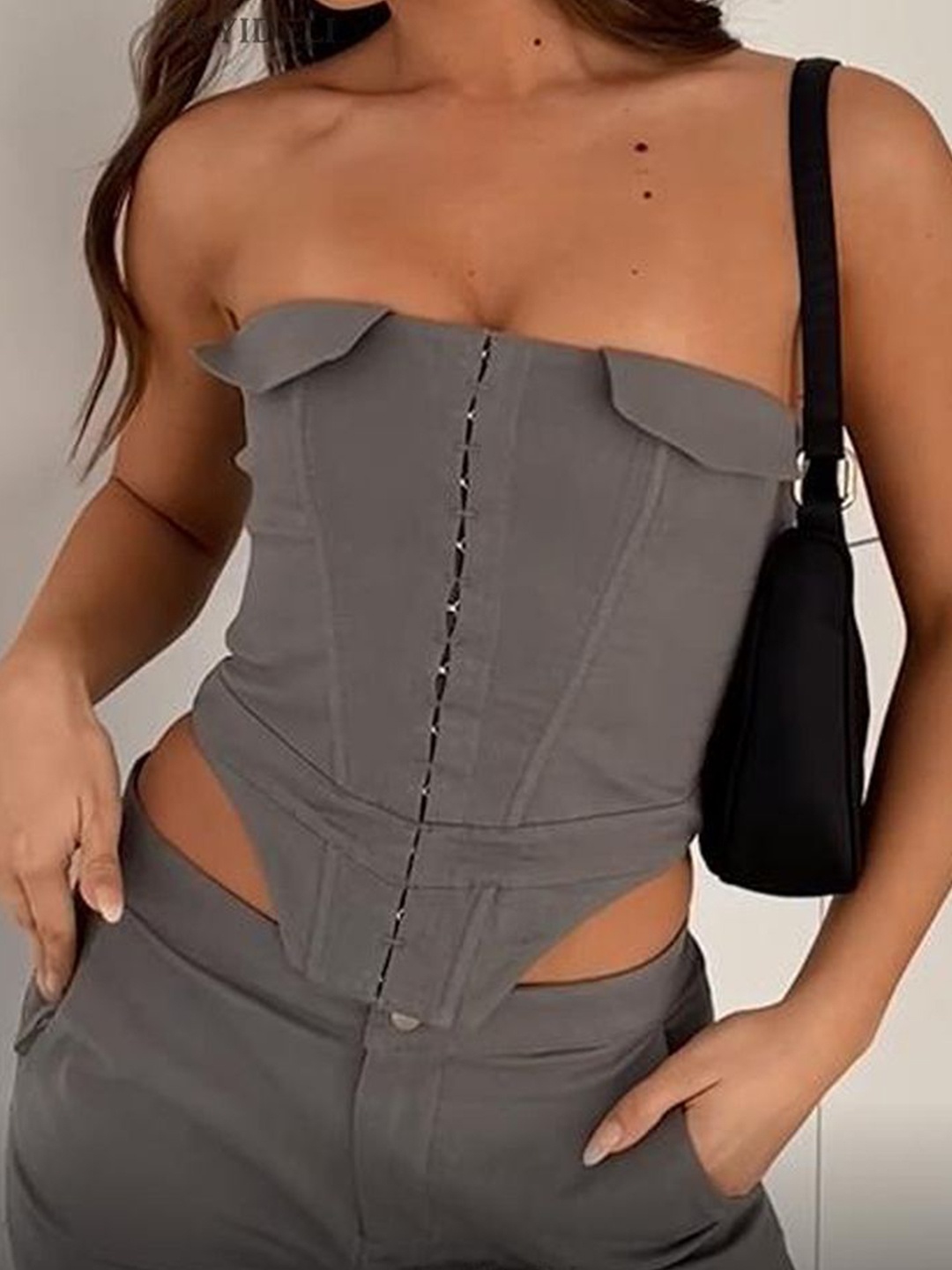 

LULU & SKY Women Self Design Strapless Corset Crop Top, Grey