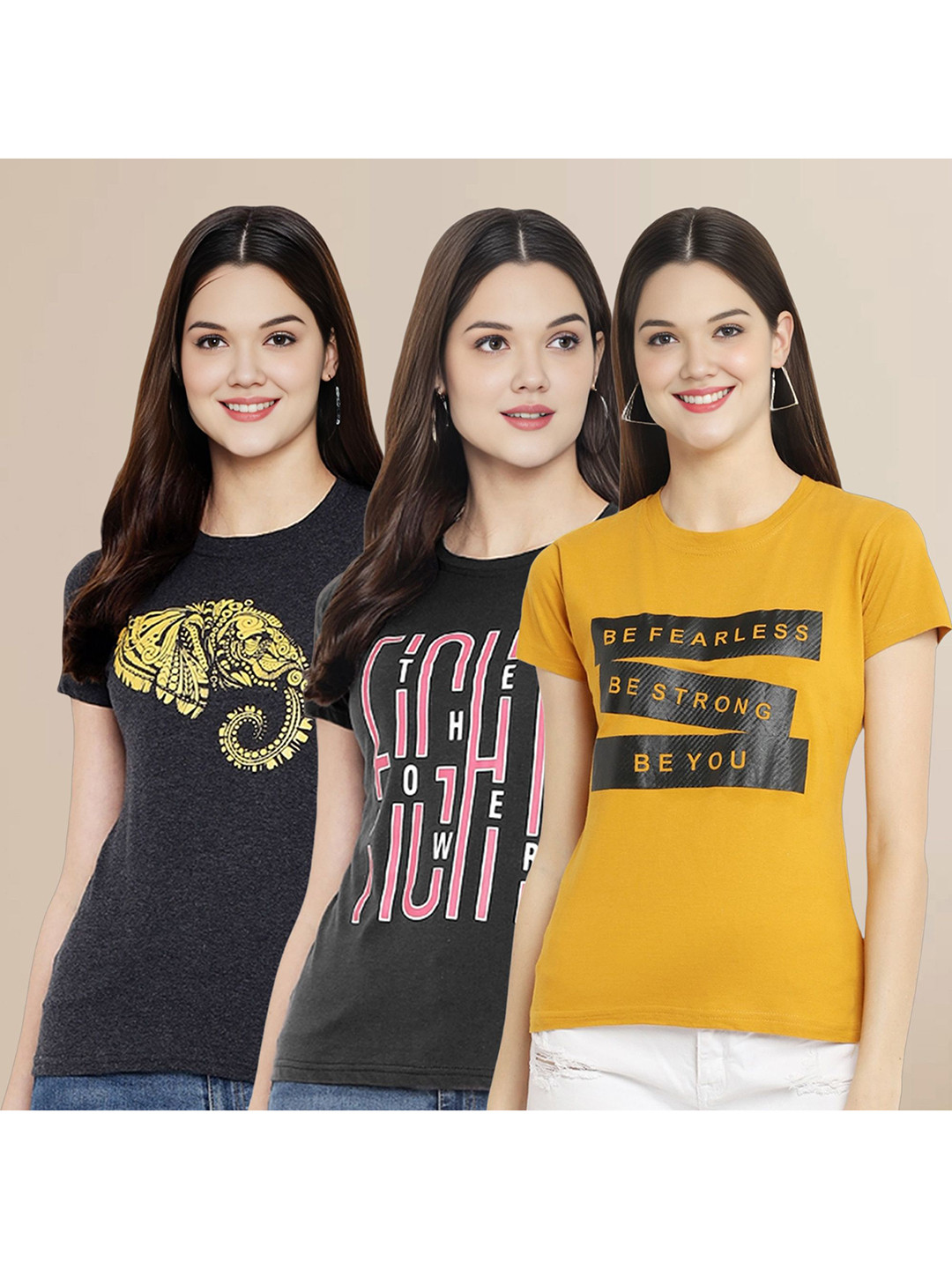 

Metronaut Women Pack Of 3 Typography Printed Round Neck Cotton T-shirts, Charcoal