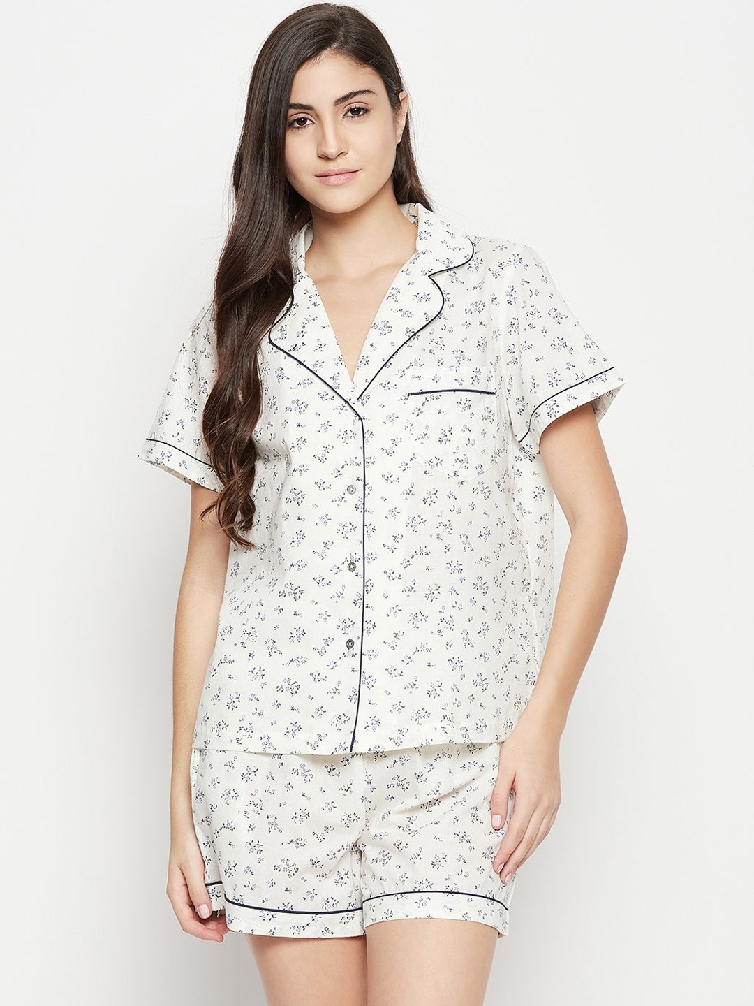 

Antimony Women Printed Lapel Collar Night suit, White