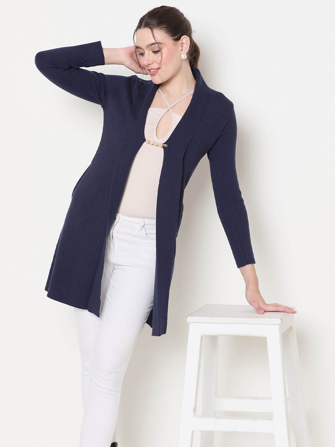 

Zigo Self Design Longline Woollen Open Front Shrug, Navy blue