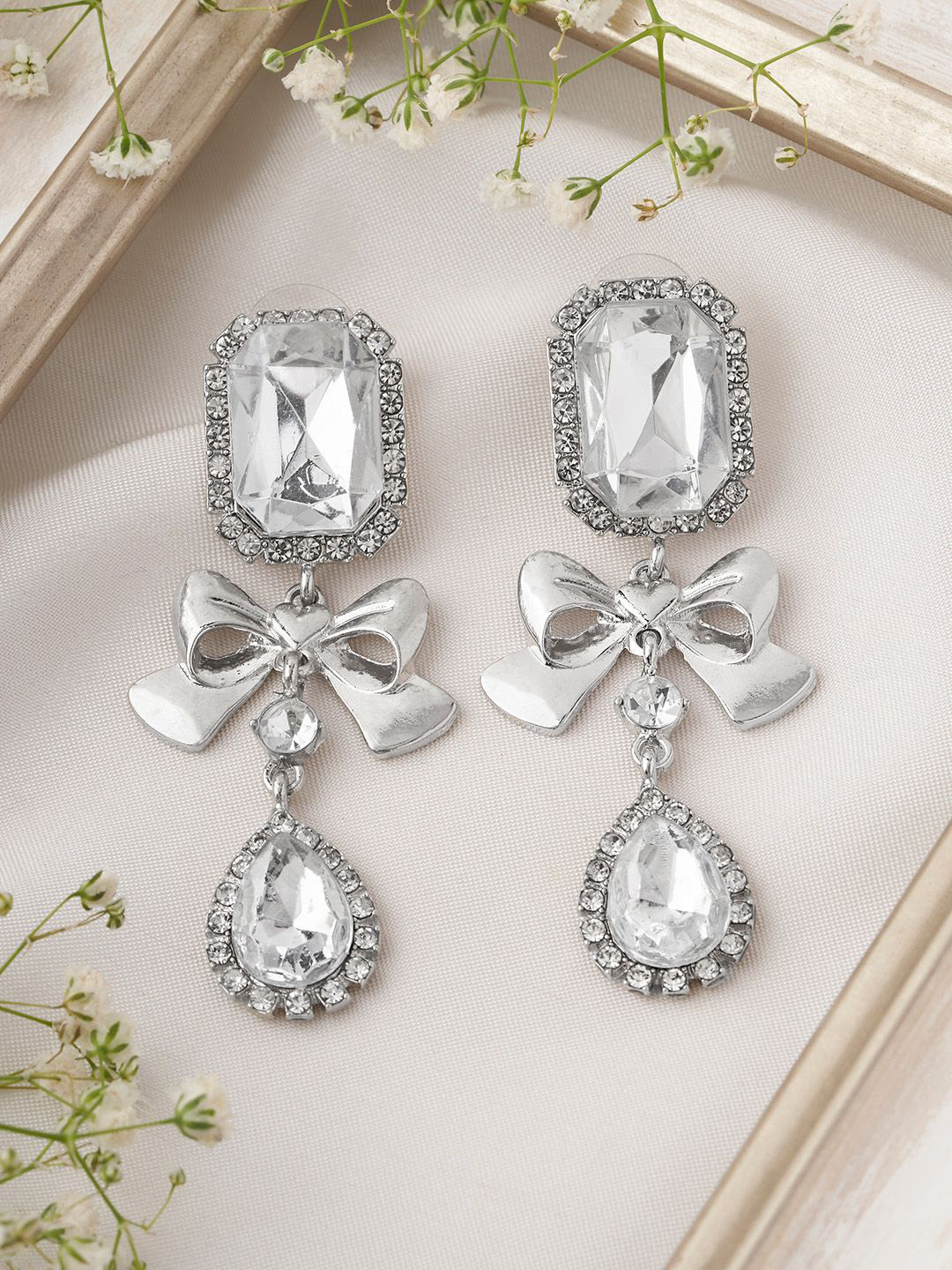 

JOKER & WITCH Silver-Plated Stone Studded Geometric Oxidised Gisele Bow Style Earrings