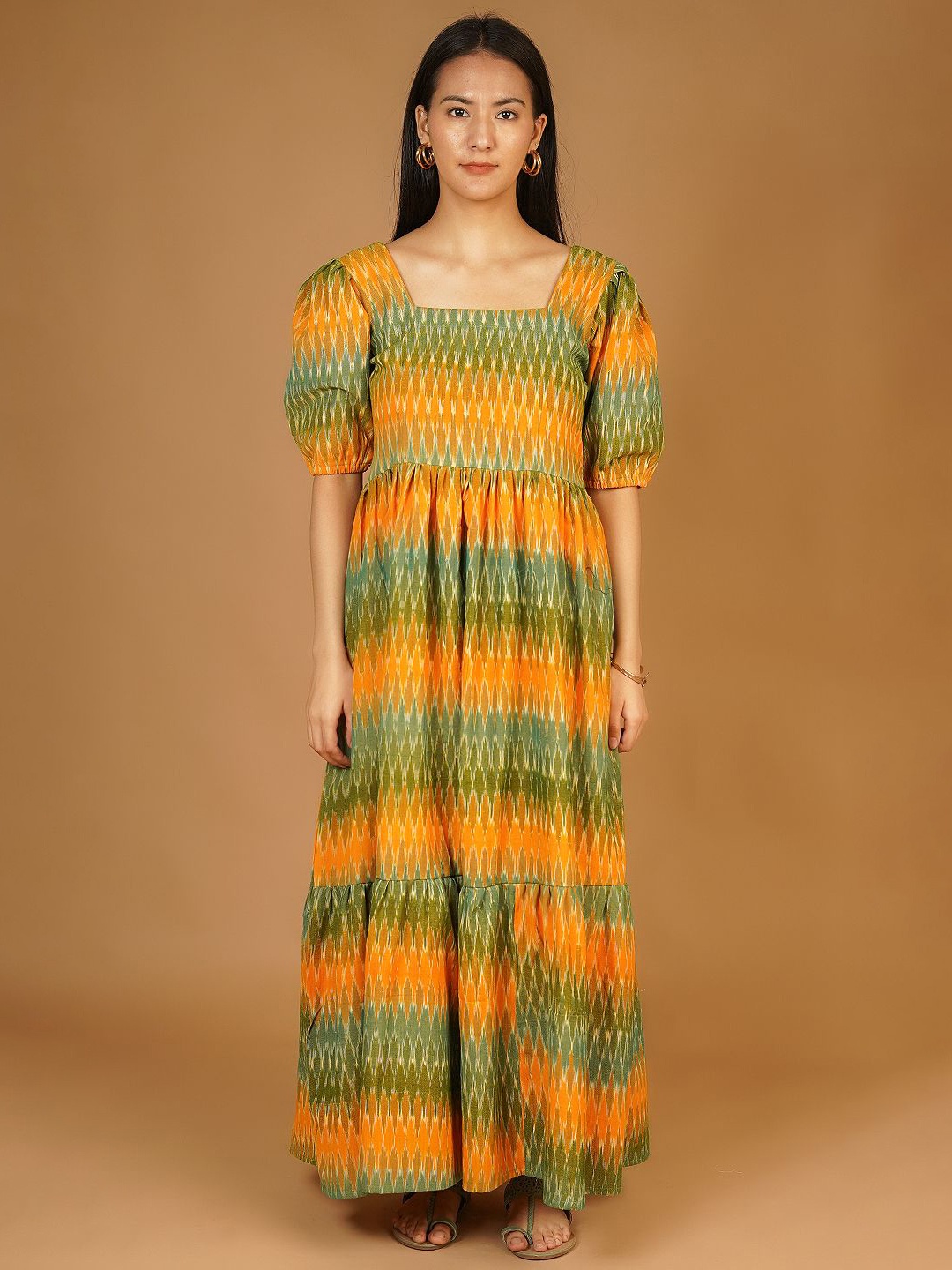

INDOPHILIA Women Cotton Colourblocked Smocked Square Neck Fit and Flare Maxi Dress, Green