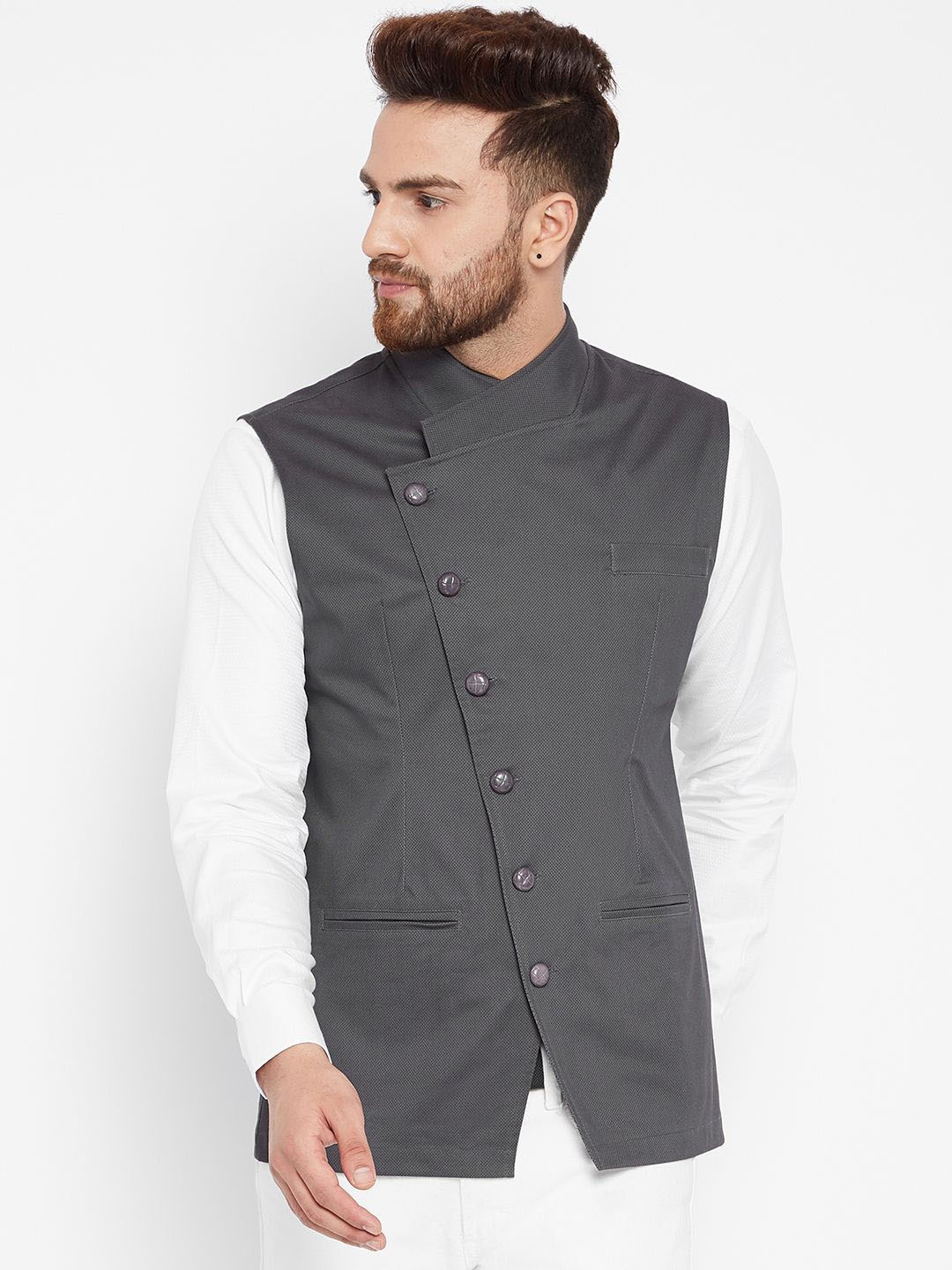 

Hypernation Men Woven Design Pure Cotton Nehru Jackets, Grey