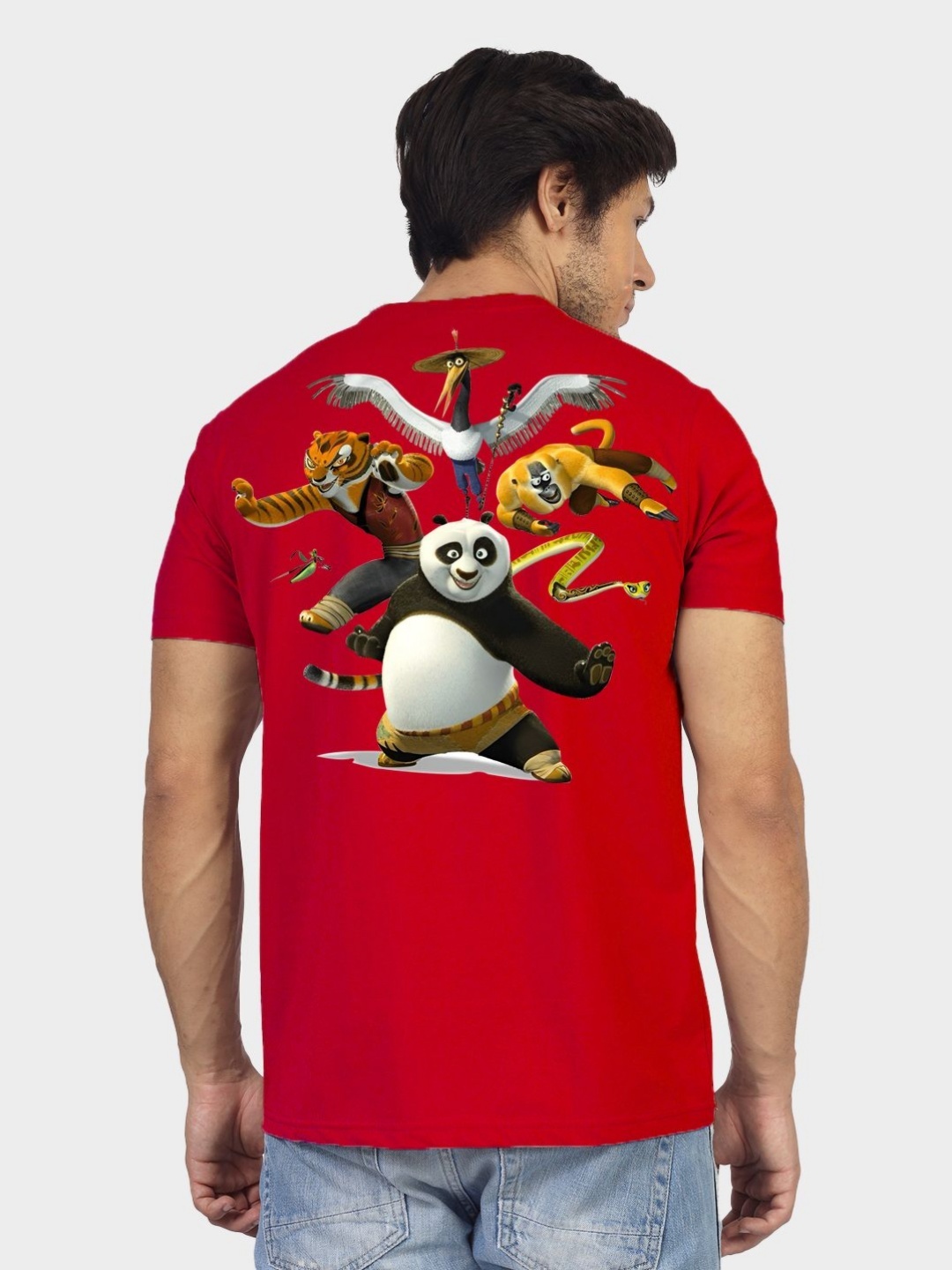 

Greylongg Men Graphic Printed Round Neck Cotton Kung Fu Panda T-shirt, Red