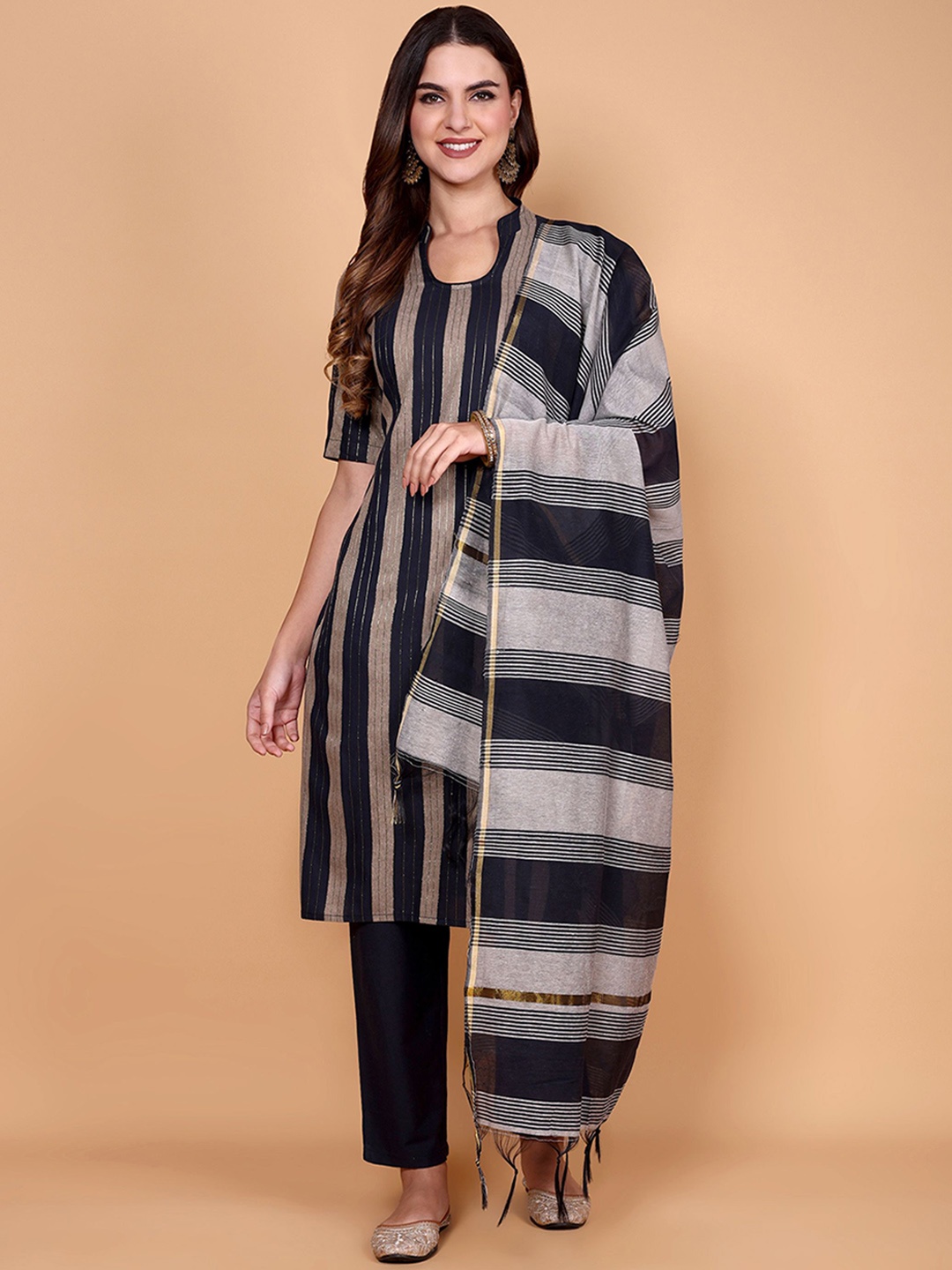 

Vastara the Label Striped Printed Kurta with Trouser With Dupatta, Navy blue