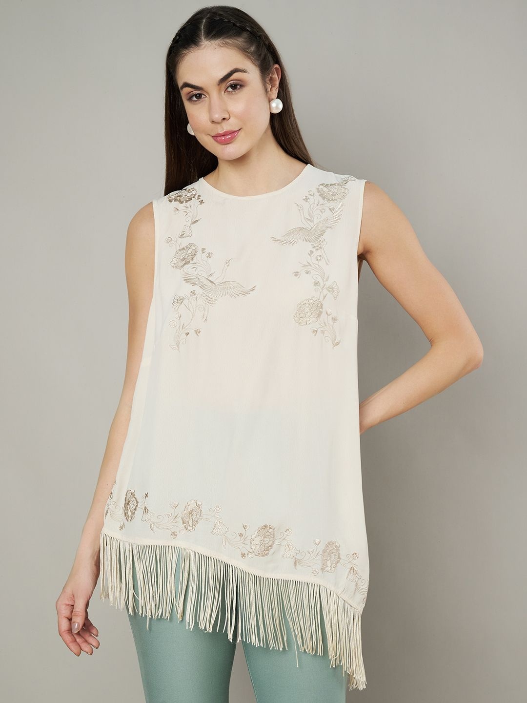 

Amagyaa Women's Floral Embroidery Longline Top, White