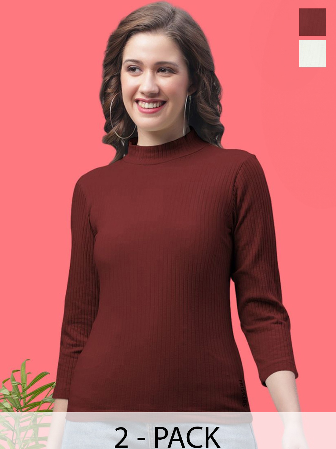 

FBAR Women Pack of 2 Cotton Solid High Neck Fitted Tops, Maroon