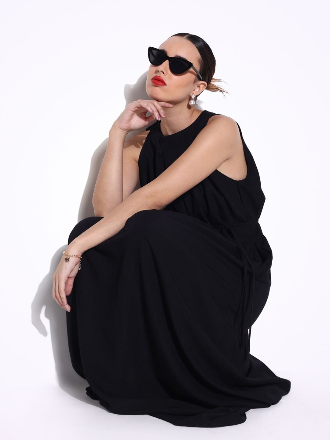 

SHOWOFF Women Cotton Halter Neck Fit & Flare Maxi Dress, Black