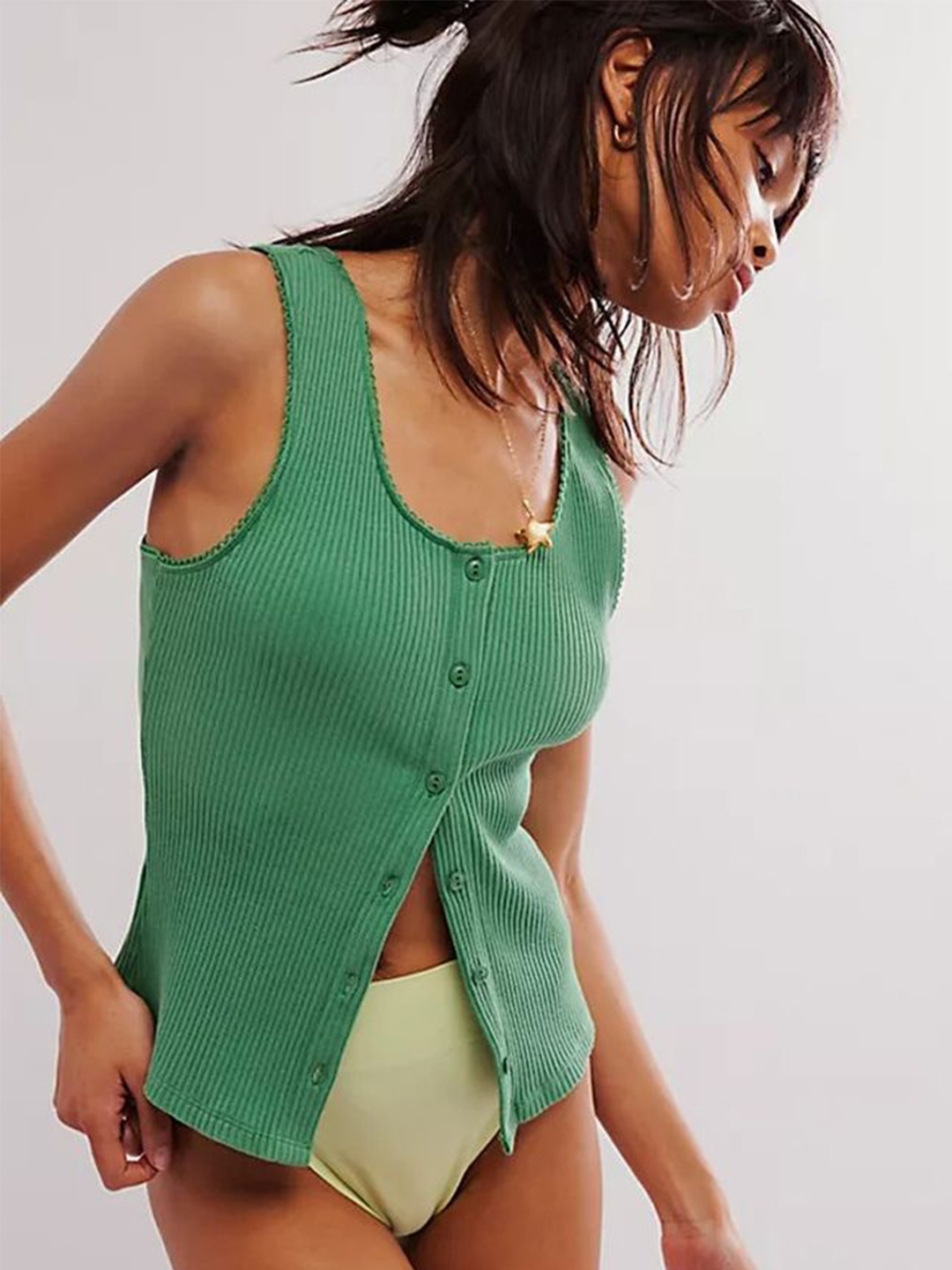 

LULU & SKY Women Ribbed Picot Trim Top, Green