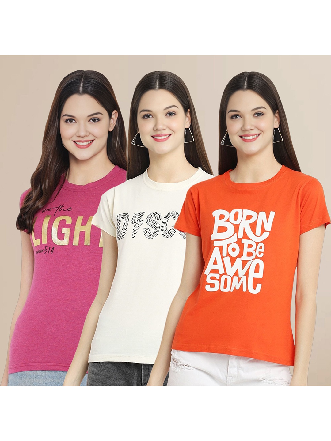 

Metronaut Women Pack Of 3 Typography Printed Round Neck Cotton T-shirts, Pink