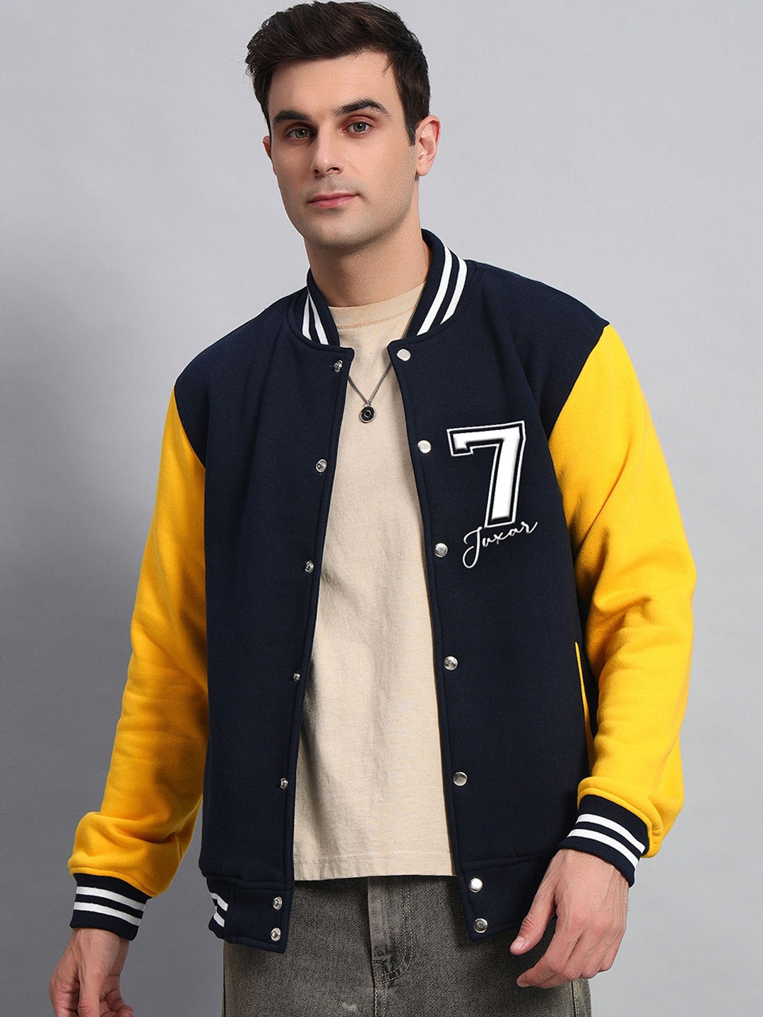 

Juxar Men Stand Collar Colourblocked Cotton Casual Varsity Jacket, Black