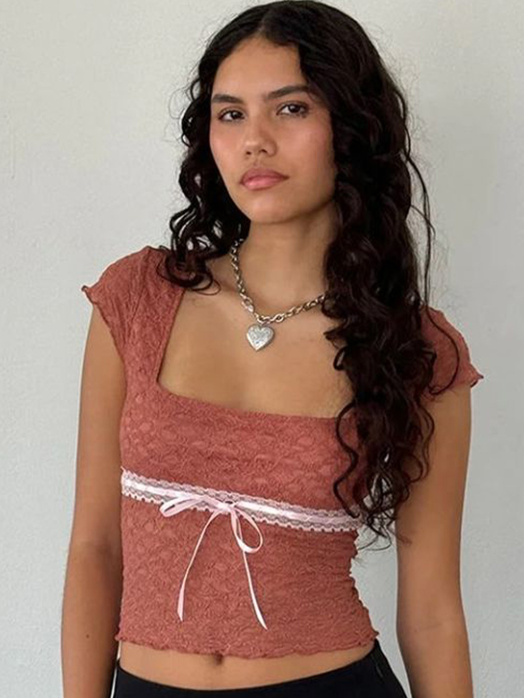

LULU & SKY Women Striped Short Sleeves Crop Top, Pink