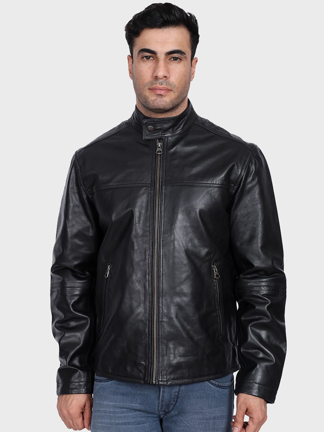 

Justanned Men Mandarin Collar Solid Leather Casual Leather Jacket, Black