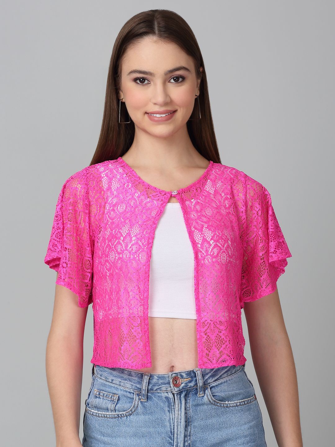 

Dressitude Self Design Button Closure Cotton Crop Shrug, Magenta