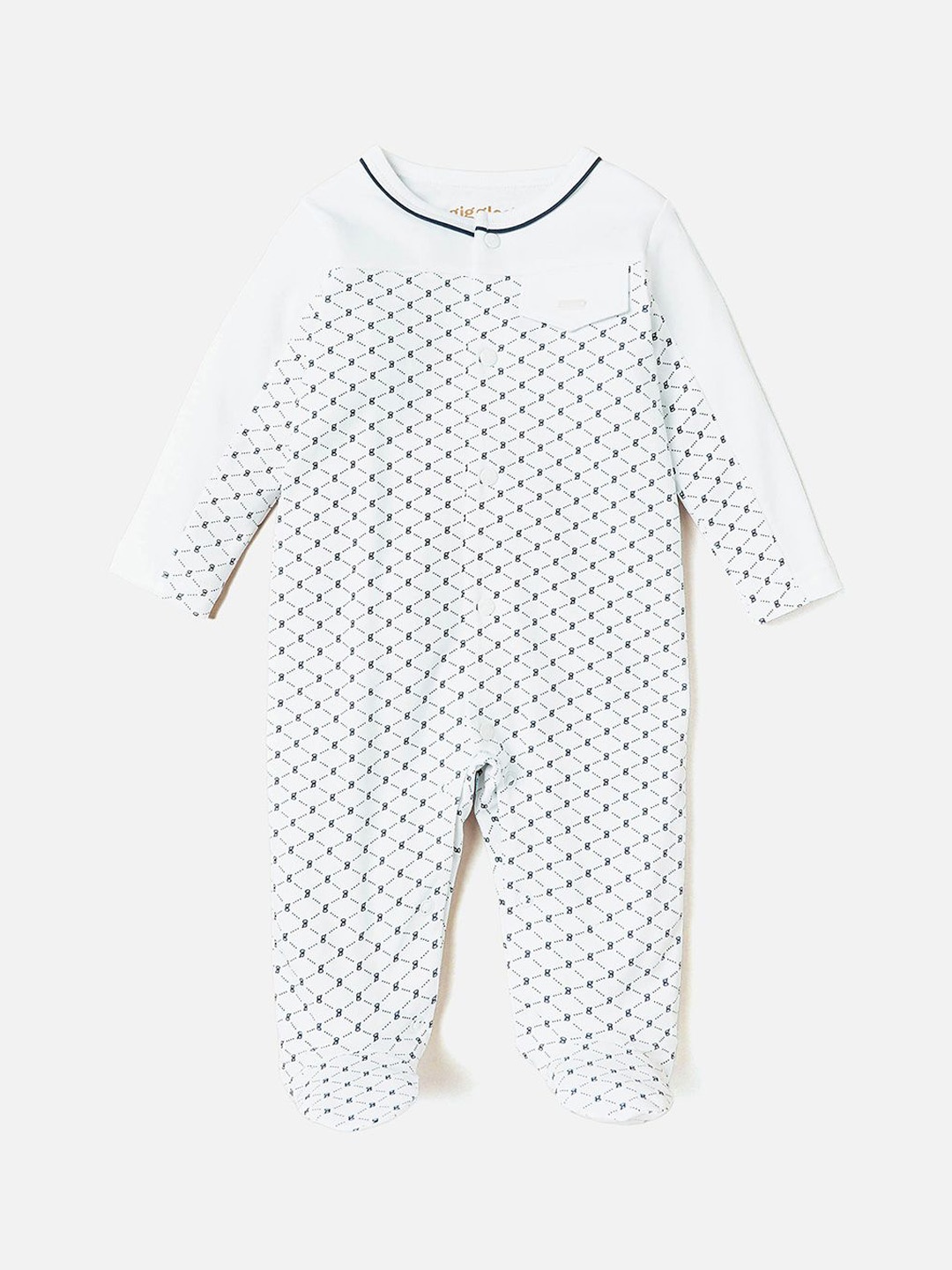 

Giggles by Babyshop Boys Printed Cotton Round Neck Long Slevees Sleepsuit, White