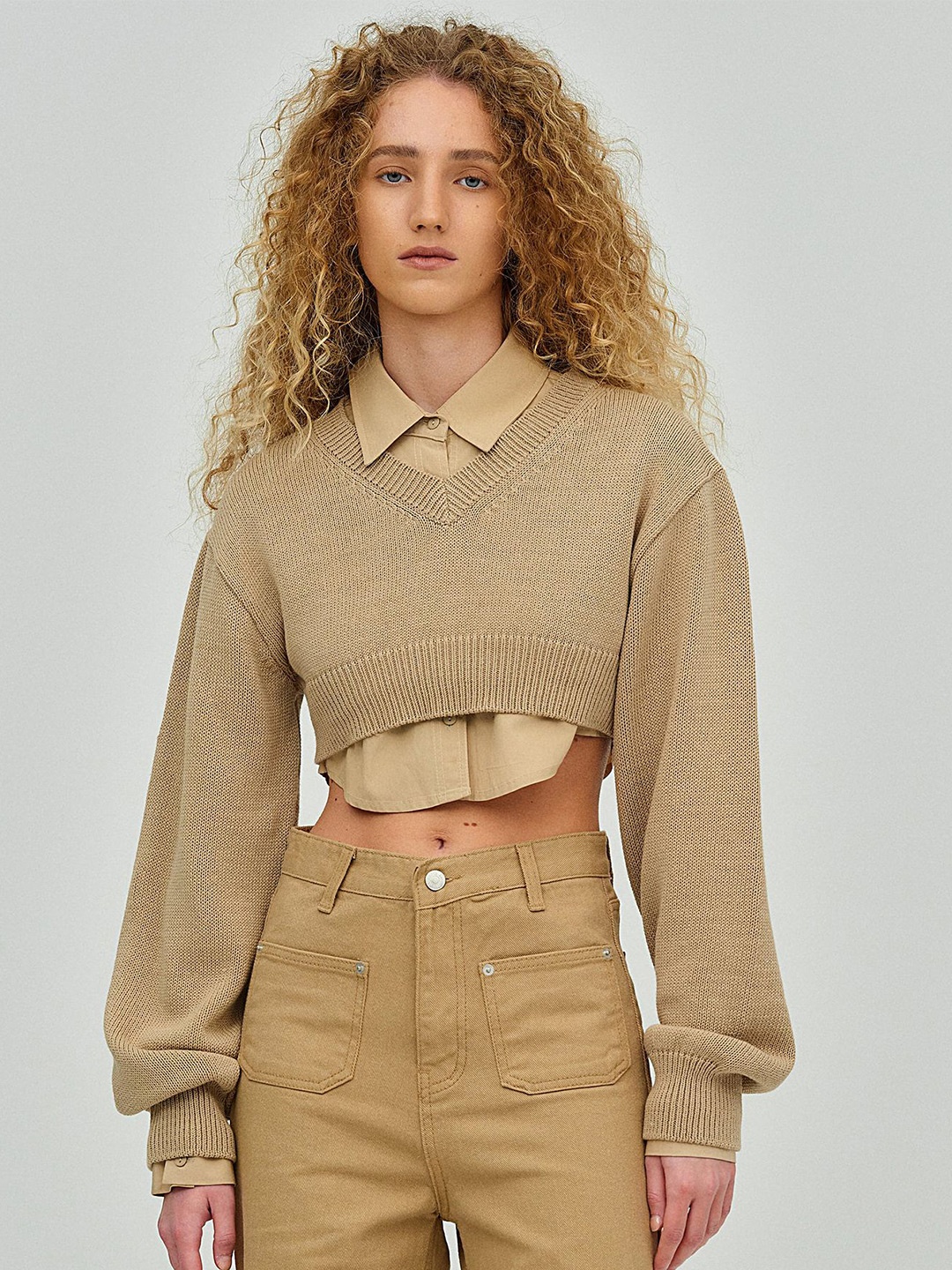 

LULU & SKY Women Self Design V-neck Long Sleeves Crop Pullover Sweaters, Khaki