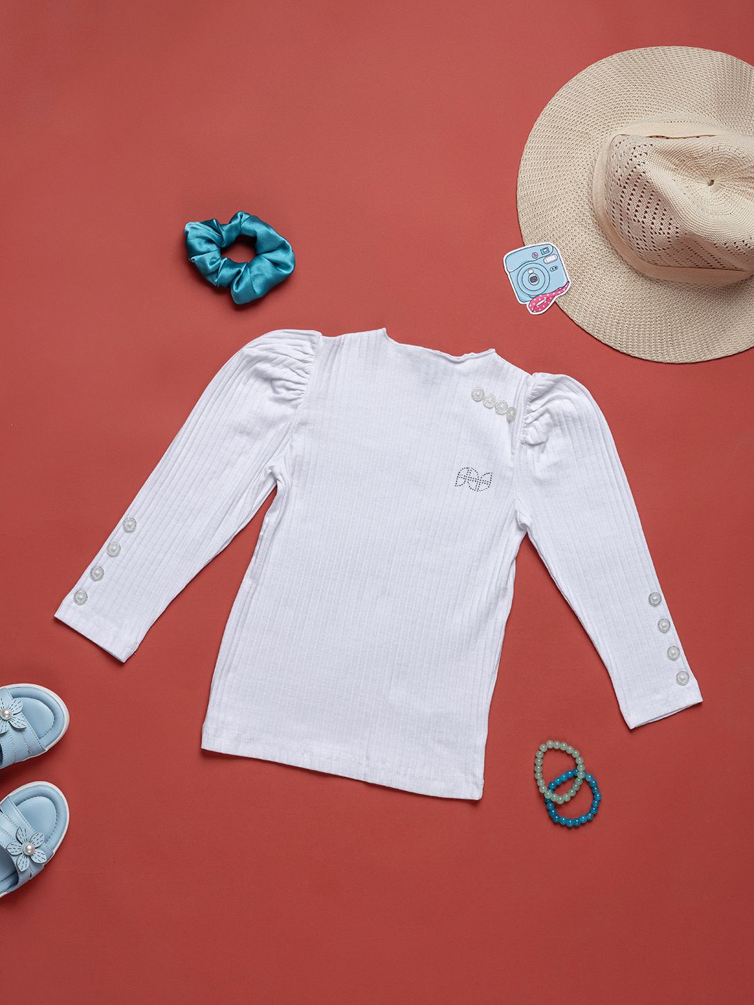 

Purple United Kids Girls Cotton Long Puff Sleeves Top, White