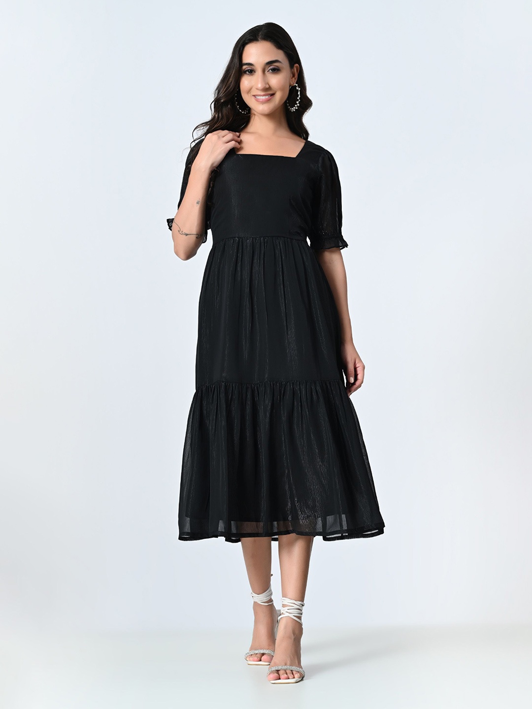 

ALL WAYS YOU Puff Sleeve A-Line Midi Dress, Black
