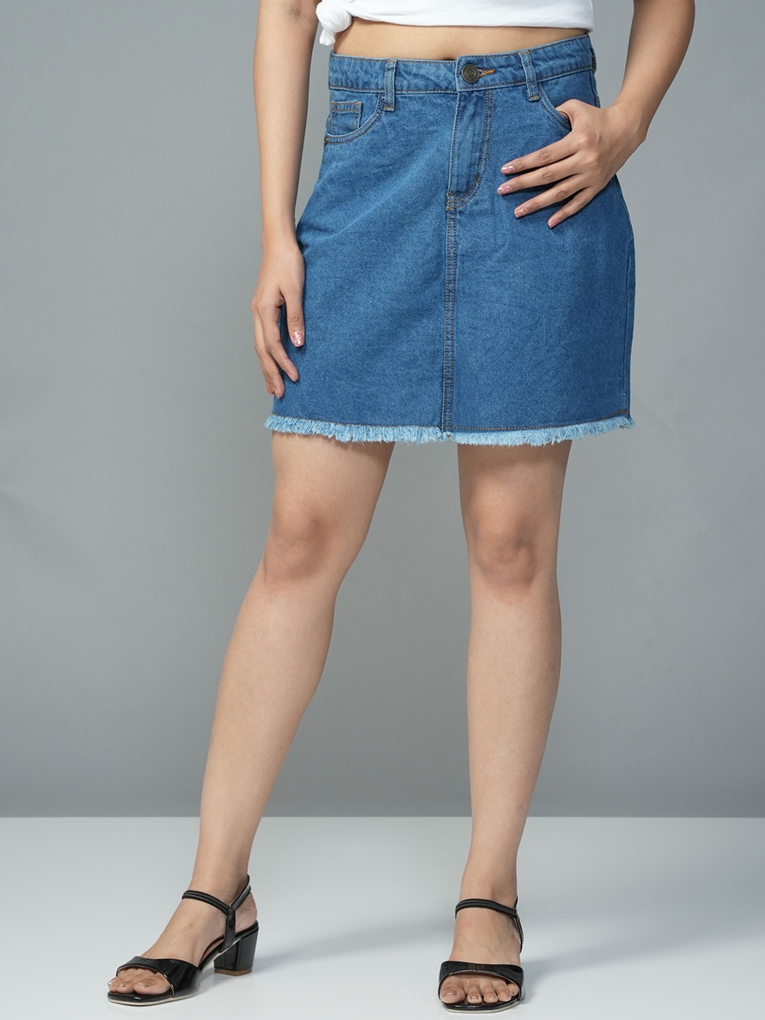 

URBAN POCHE Women High RiseA-Line Pure Cotton Denim Skirt, Blue