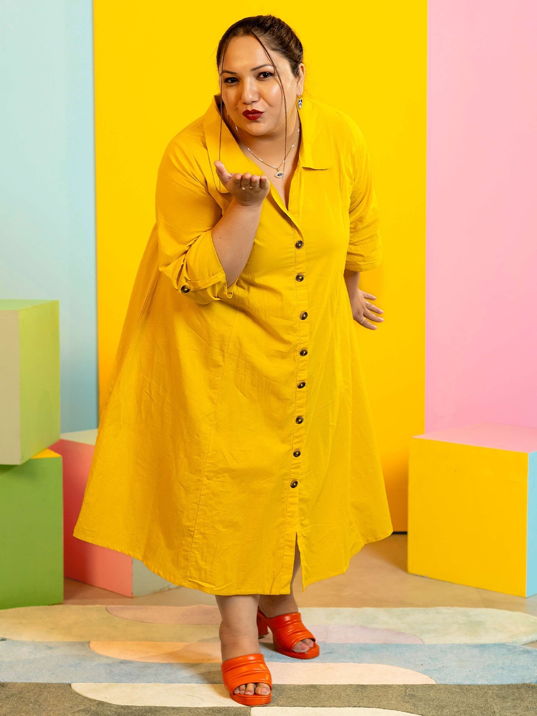 

LALI JAIPUR Women Plus Size Shirt Collar A-Line Dress, Mustard