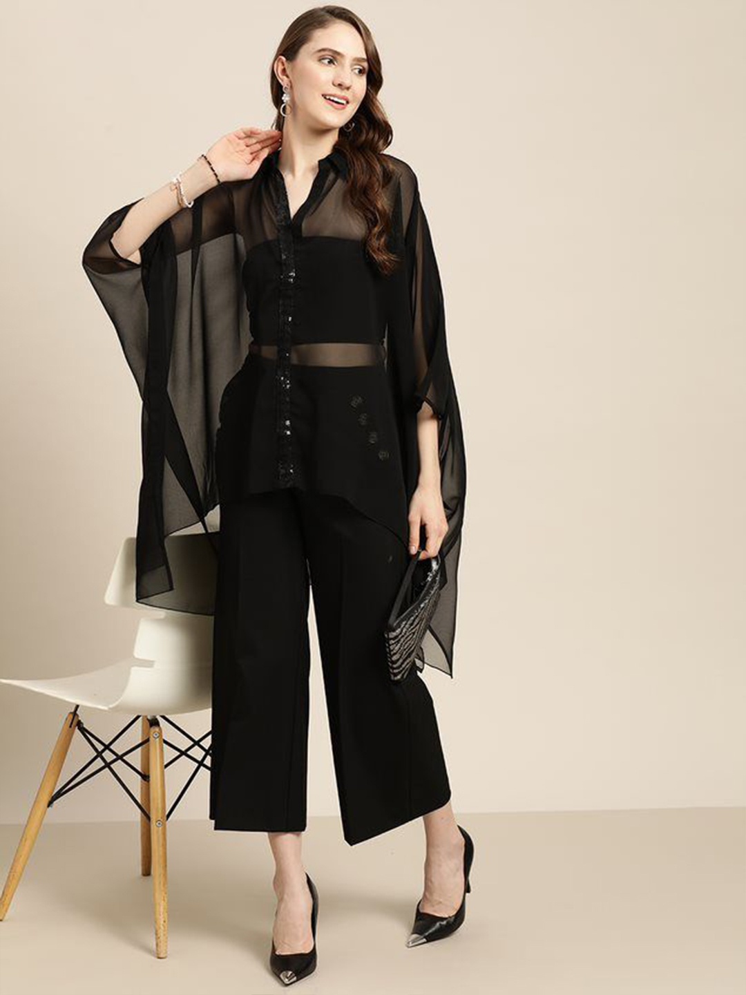

Qurvii Women Shirt kaftan with full button up sequin placket&handkerchief hem Midi Dress, Black