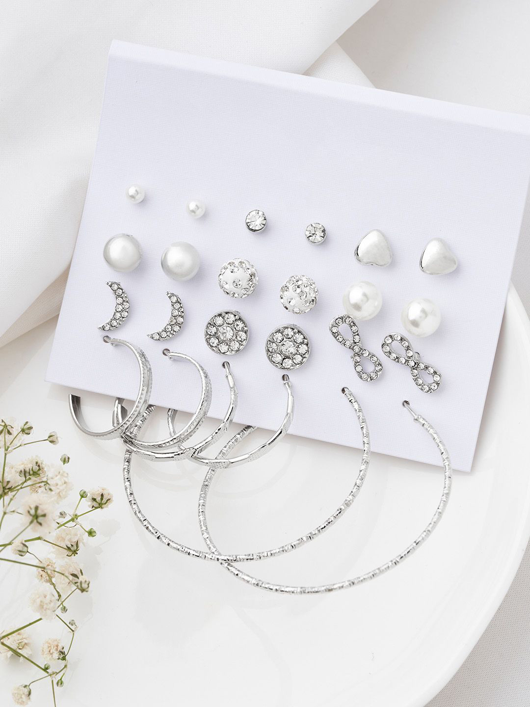 

JOKER & WITCH Set Of 12 Silver-Plated Stone Studded & Beaded Contemporary Hoop Earrings