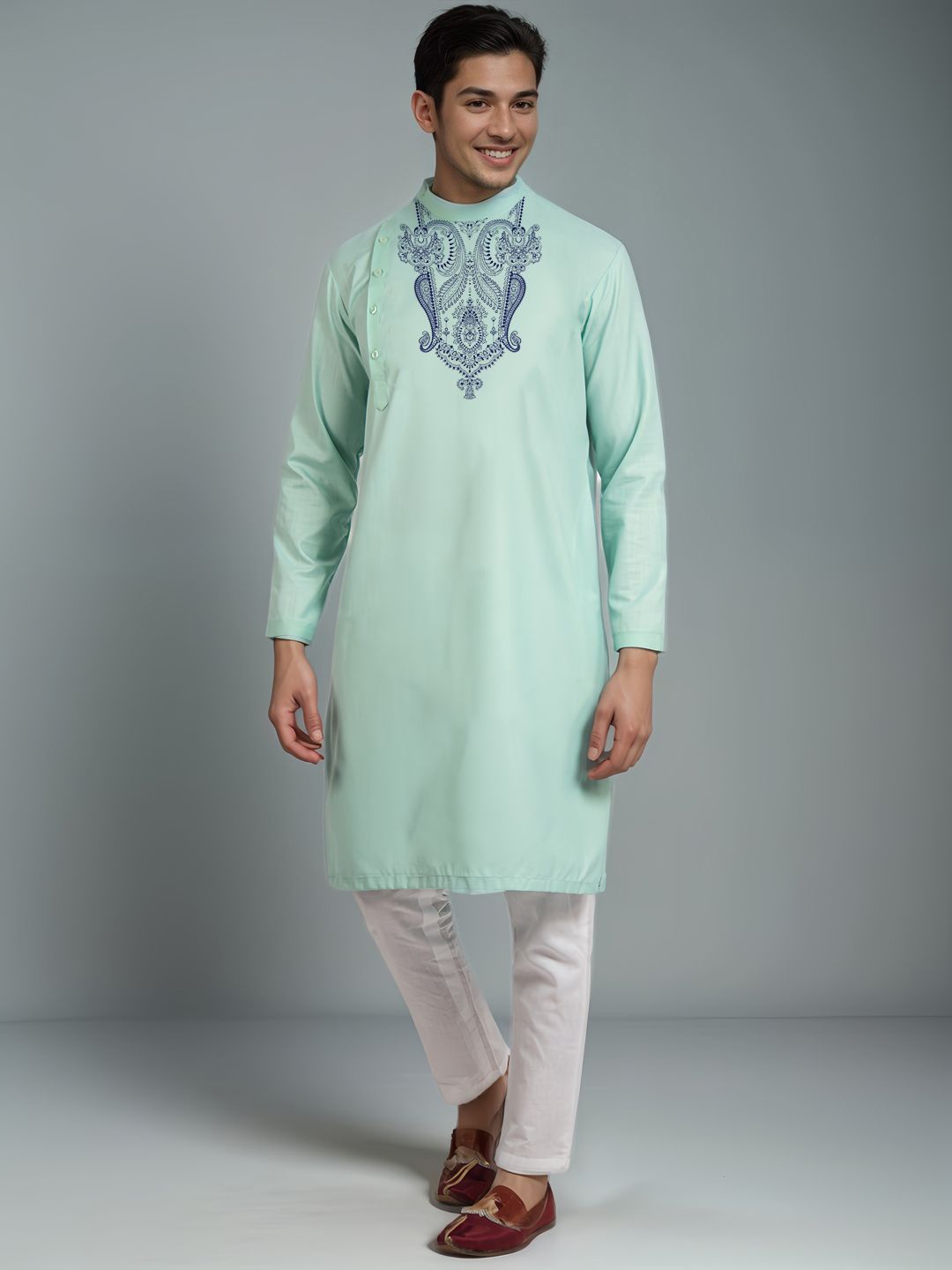 

DEVOILER Floral Printed Mandarin Collar Cotton Straight Kurta, Green