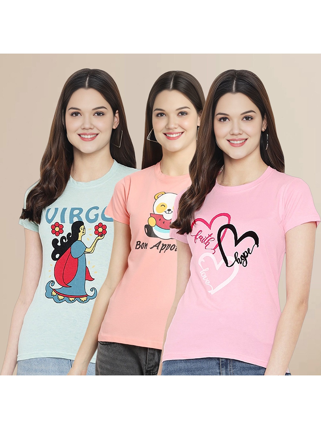 

Metronaut Women Pack Of 3 Typography Printed Round Neck Cotton T-shirts, Sea green
