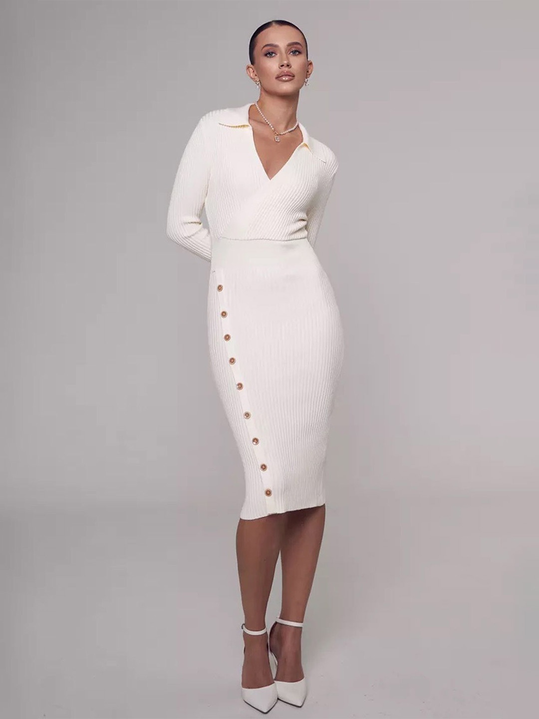 

LULU & SKY Knee-Length Long Sleeves Ribbed Edge Sheath Dresses, White