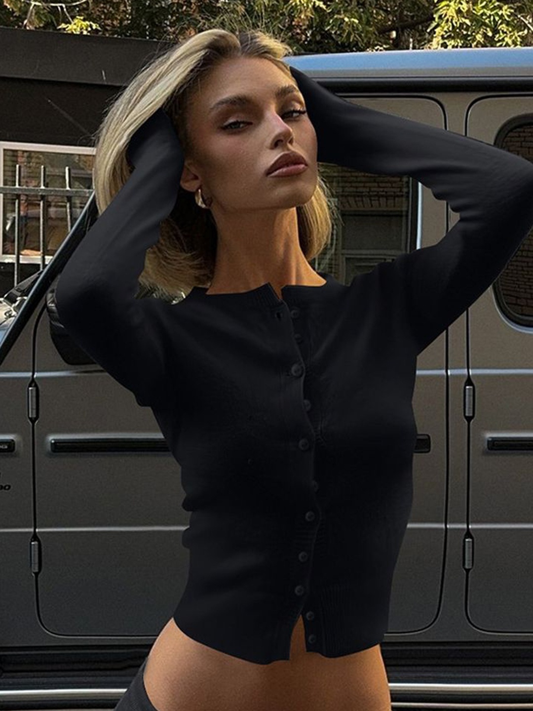 

LULU & SKY Women Crop Button-up Fitted Top, Black