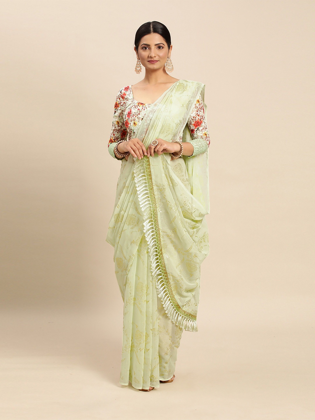 

DIVASTRI Pure Chiffon Floral Saree, Green