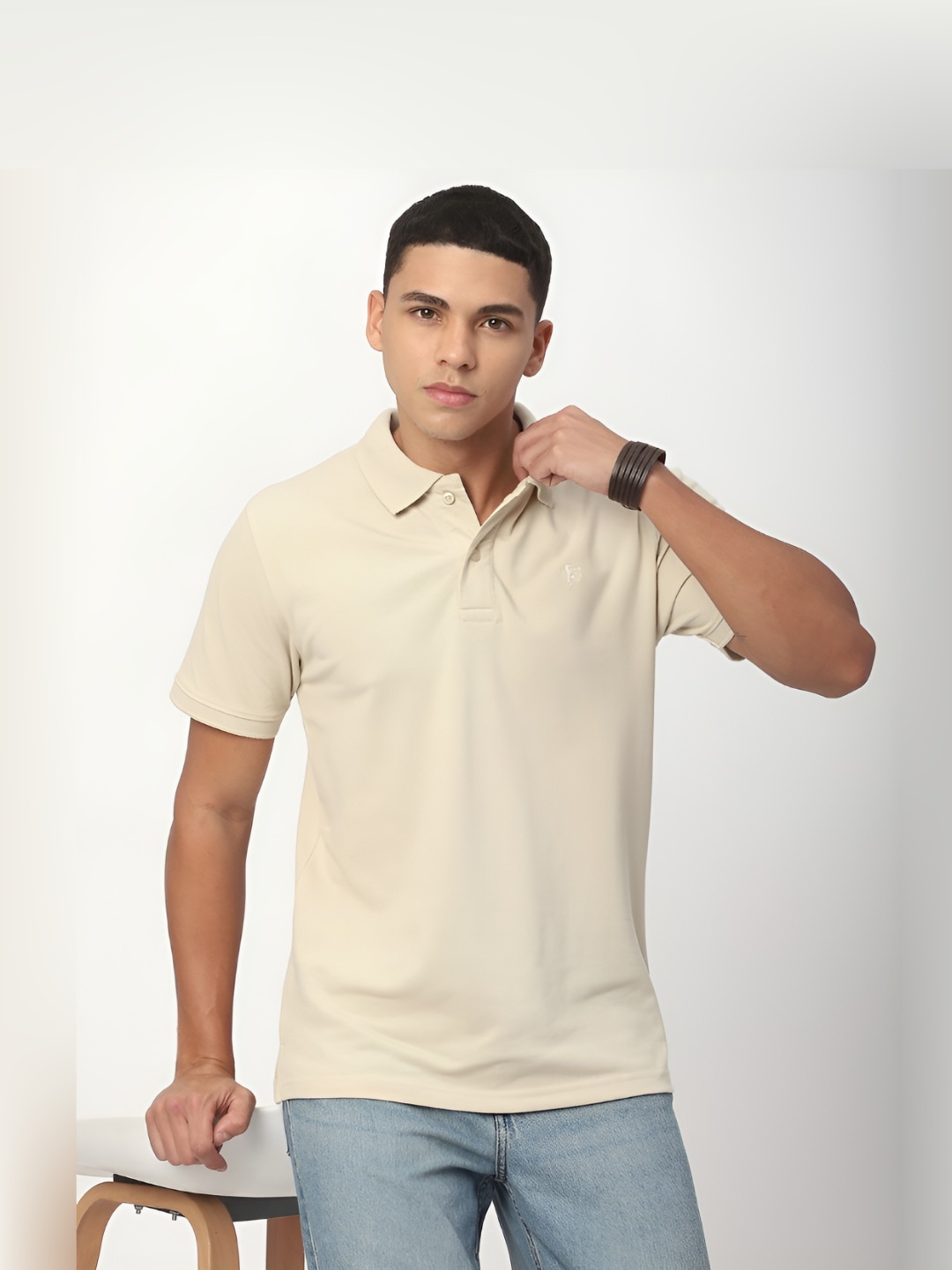 

R&B Men Polo Collar Pockets T-shirt, Beige