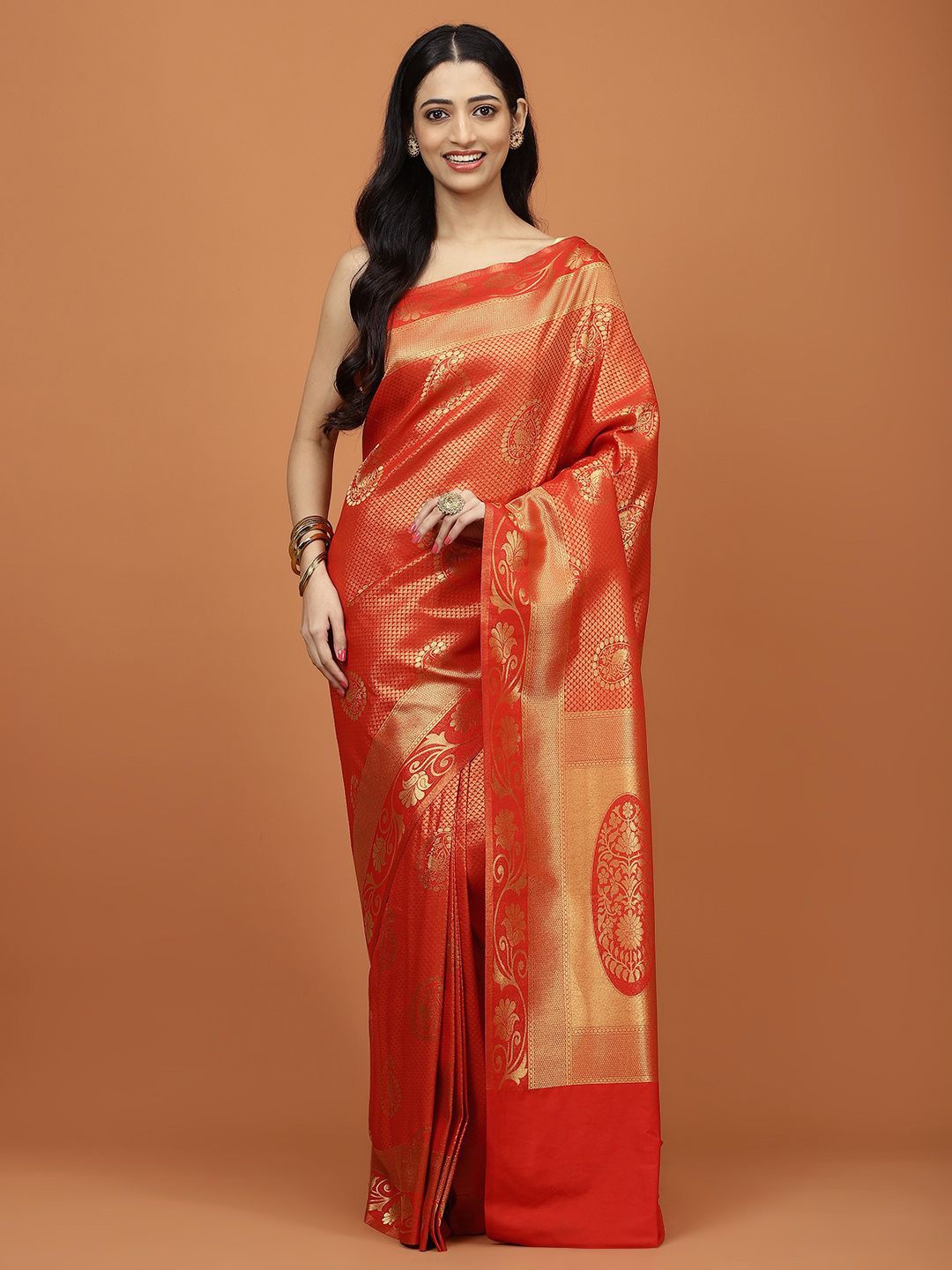 

Meena Bazaar Ethnic Motifs Woven Art Silk Saree, Red