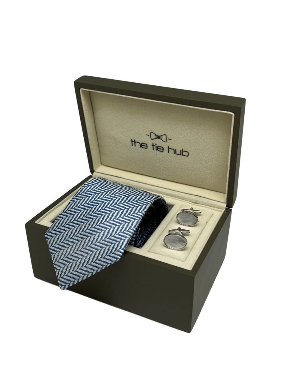 

The Tie Hub Men Silk Necktie & Pearl Cufflinks Accessory Gift Set, Blue