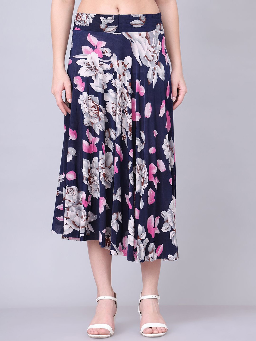 

GRACIT Printed Flared Midi Skirts, Navy blue