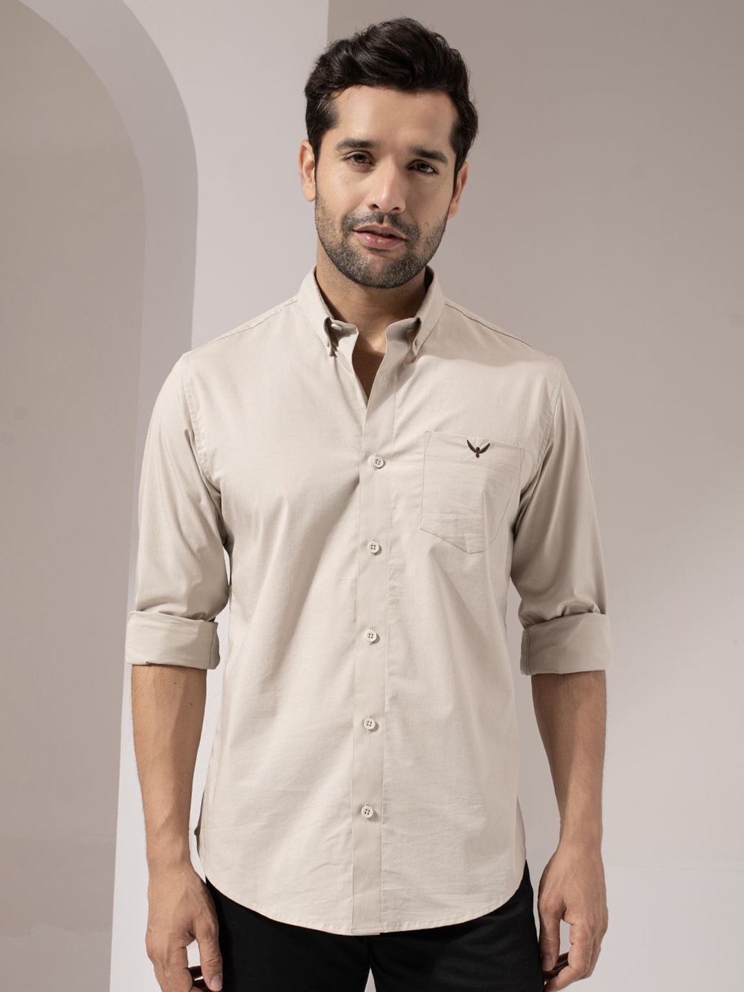 

PERCH Men India Slim Button-Down Collar Solid Cotton Slim Fit Casual Shirt, Beige