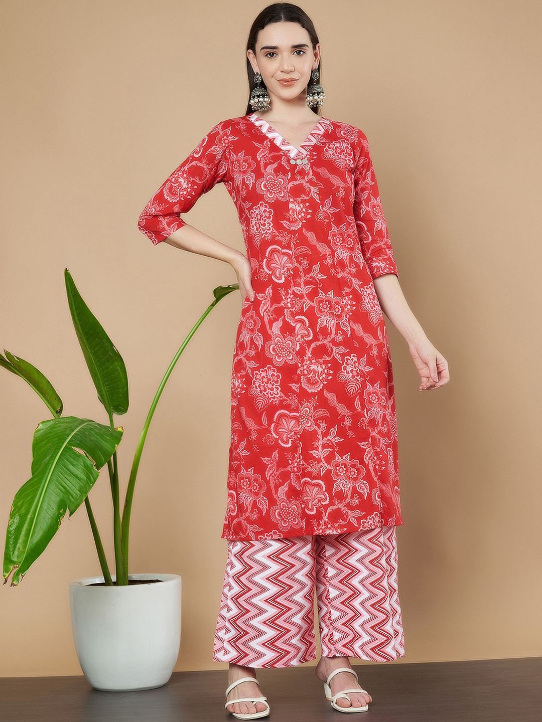 

KALINI V-Neck Floral Printed Pure Cotton Straight Kurta with Palazzos, Red