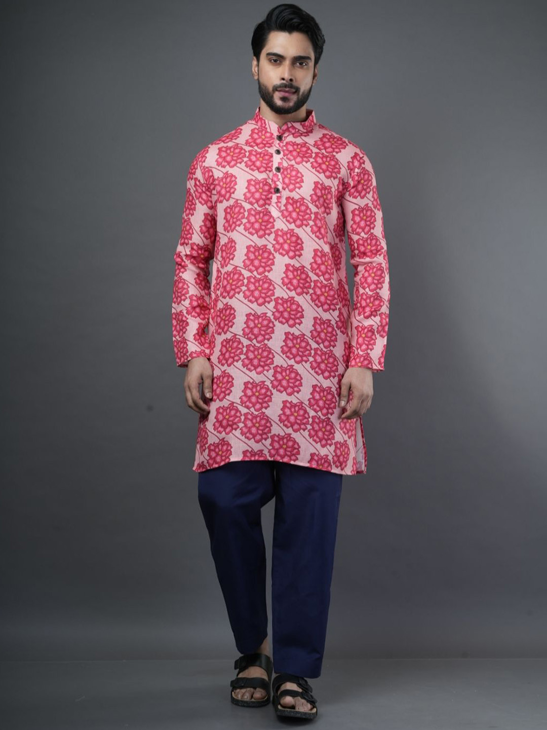 

ARYA Mandarin Collar Floral Printed Linen Straight Kurta, Pink