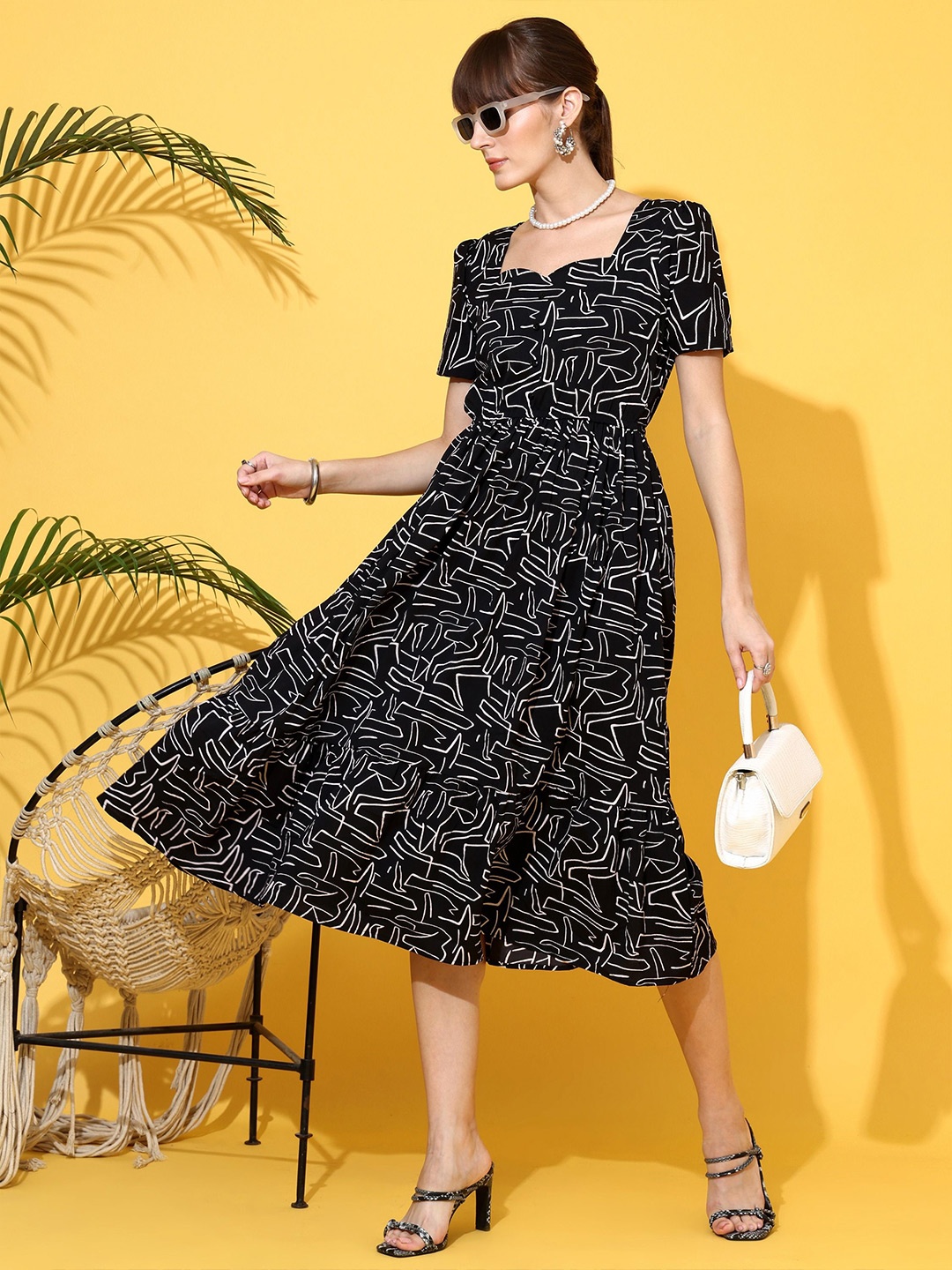 

SHEETAL Associates Women Printed Fit & Flare Sweetheart Neck Midi Dress, Black