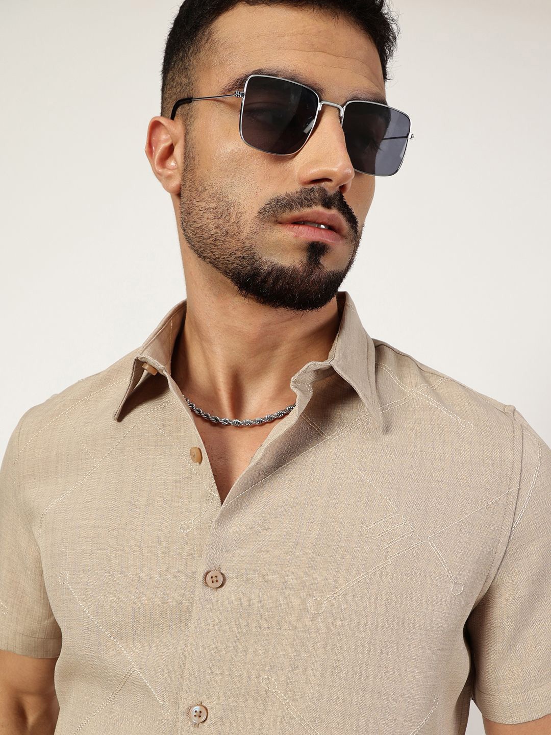 

Thomas Scott Men Premium Spread Collar Textured Slim Fit Casual Shirt, Beige