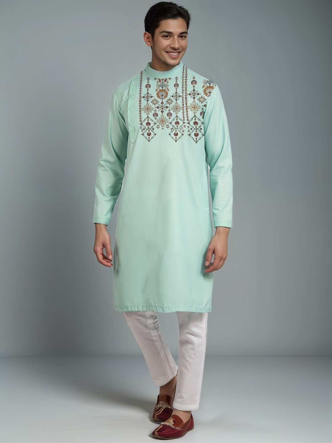 

DEVOILER Ethnic Motifs Printed Mandarin Collar Cotton Straight Kurta, Green