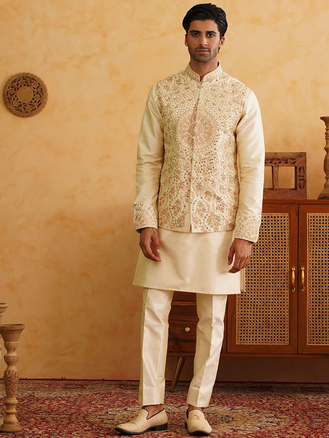 

Denis Parkar Mandarin Collar Straight Kurta With Pyjama & Waistcoat, Cream